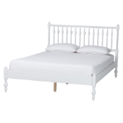 Baxton Studio Callison Spindle Platform Bed - Turned Farmhouse Bed Frame with Spoked Headboard and Sculpted Legs, White, Queen